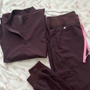 Figs Women's Top in Dark Brown with Pink Accents